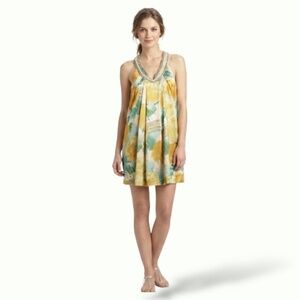 BCBGMAXAZRIA 100% Silk Floral Beaded Mini Dress Halter Neck US Sz S